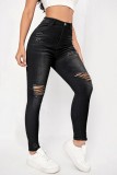 Black Casual Solid Ripped Skinny High Waist Pencil Solid Color Bottoms