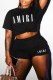 Black Street Print Letter O Neck Short Sleeve Two Pieces