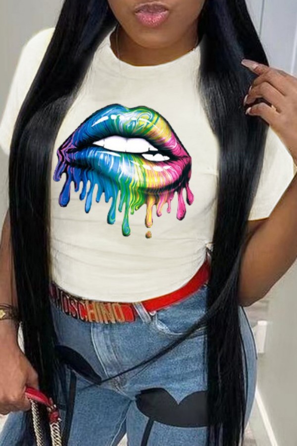 White Casual Lips Printed Basic O Neck T-Shirts