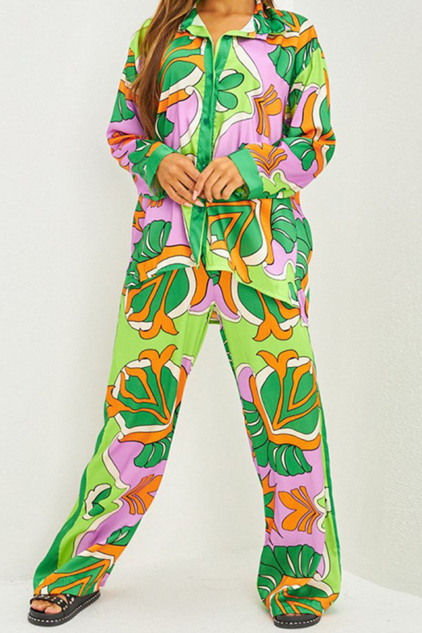 Green Casual Print Patchwork Buckle Turndown Collar Long Sleeve Two Pieces
