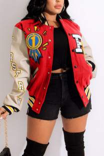 Red Casual Street Print Patchwork Buckle Outerwear