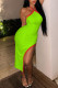 Fluorescent Green Sexy Solid Patchwork Slit Asymmetrical Halter Pencil Skirt Dresses