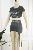 Grey Sexy Street Print Patchwork Asymmetrical O Neck Short Sleeve Two Pieces