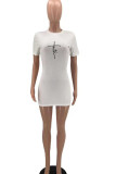 White Casual Print Patchwork O Neck Pencil Skirt Dresses