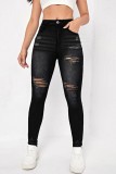 Black Casual Solid Ripped Skinny High Waist Pencil Solid Color Bottoms