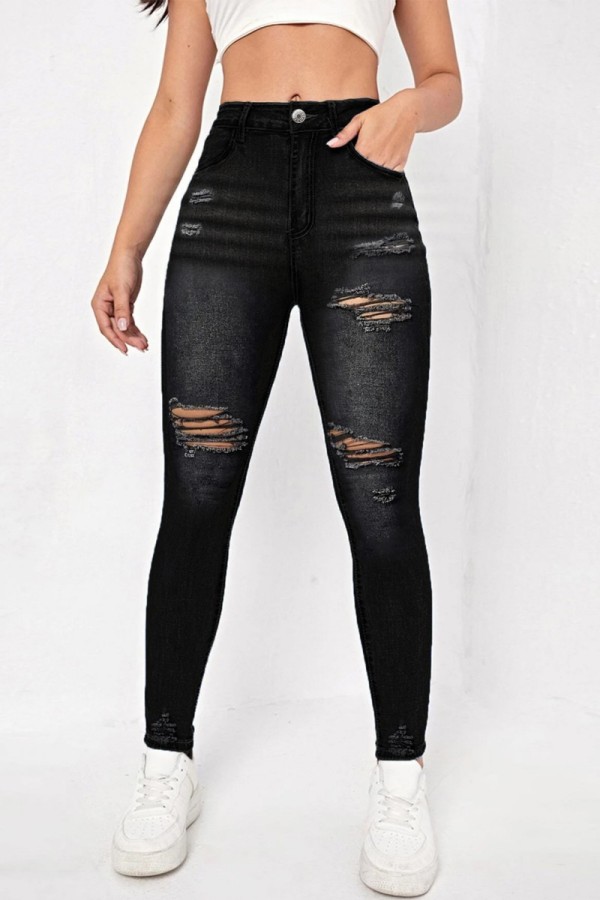 Black Casual Solid Ripped Skinny High Waist Pencil Solid Color Bottoms