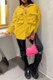 Yellow Casual Solid Patchwork Buckle Turndown Collar Tops