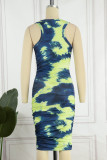 Green Casual Print Patchwork O Neck Pencil Skirt Dresses