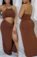 Coffee Sexy Solid Bandage Hollowed Out Backless Slit Halter Long Dress Dresses