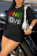 Black Casual Print Patchwork Letter O Neck T-Shirts