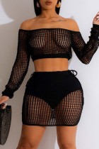 Black Sexy Solid Hollowed Out Off the Shoulder Long Sleeve Two Pieces