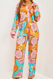 Light Blue Casual Print Patchwork Buckle Turndown Collar Long Sleeve Two Pieces