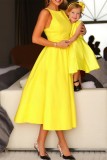 Yellow Casual Solid Basic O Neck A Line Dresses