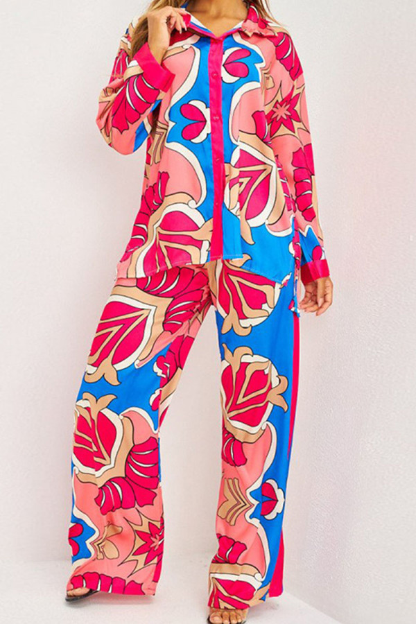Rose Red Casual Print Patchwork Buckle Turndown Collar Long Sleeve Two Pieces