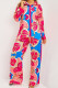 Rose Red Casual Print Patchwork Buckle Turndown Collar Long Sleeve Two Pieces