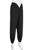 Black Casual Solid Draw String Harlan Mid Waist Harlan Solid Color Bottoms