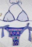 Blue Sexy Print Bandage Backless Swimwears (With Paddings)