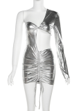 Silver Sexy Solid Hollowed Out One Shoulder Pencil Skirt Dresses