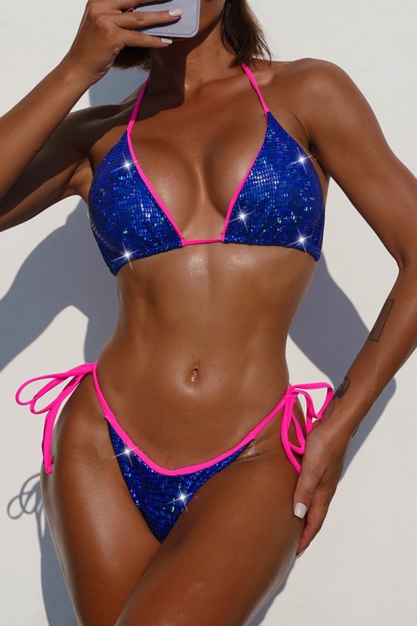 Blue Sexy Solid Bandage Patchwork Backless Swimwears (With Paddings)
