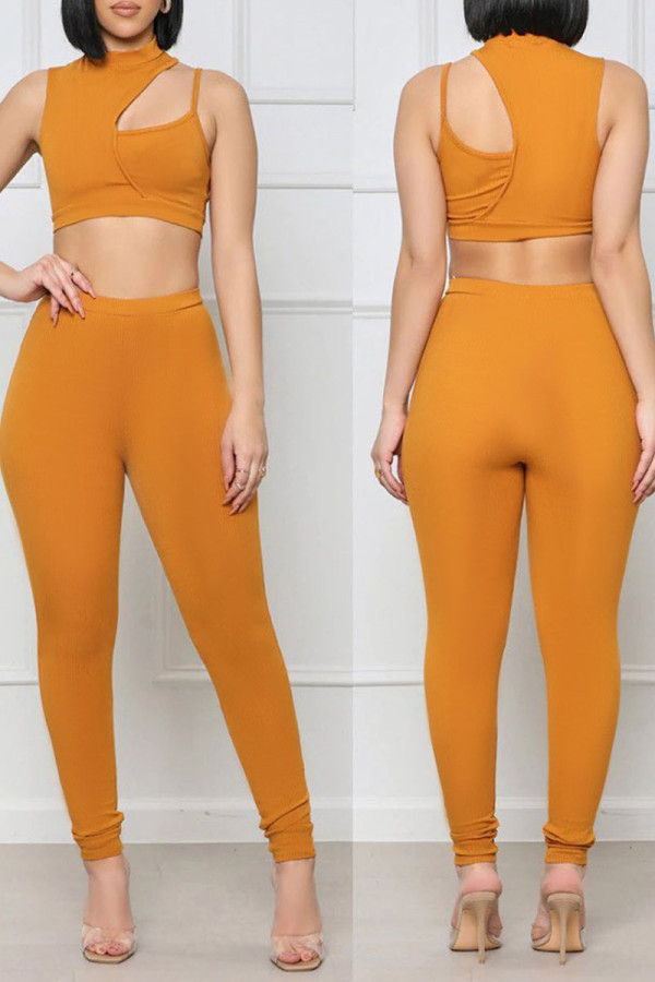 Orange Casual Sportswear Solid Hollowed Out Patchwork O Neck Sleeveless Two Pieces