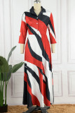 Red Black Casual Print Patchwork Buttons Turndown Collar Straight Dresses