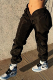 Black Casual Solid Draw String Harlan Mid Waist Harlan Solid Color Bottoms