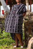 Black Casual Print Patchwork Buttons O Neck Straight Dresses
