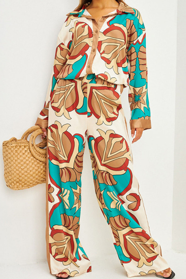 Blue Casual Print Patchwork Buckle Turndown Collar Long Sleeve Two Pieces