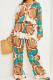 Blue Casual Print Patchwork Buckle Turndown Collar Long Sleeve Two Pieces