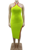Blue Sexy Solid Patchwork Slit Asymmetrical Halter Pencil Skirt Dresses