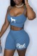 Light Blue Casual Street Print Letter Spaghetti Strap Sleeveless Two Pieces