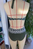 Army Green Sexy Print Bandage Backless Swimwears (With Paddings)
