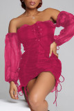 Rose Red Sexy Solid Bandage Patchwork Off the Shoulder One Step Skirt Dresses