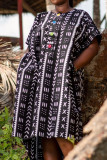 Black Casual Print Patchwork Buttons O Neck Straight Dresses