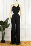 Black Sexy Casual Solid Backless Cross Straps O Neck Regular Jumpsuits