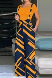 Orange Casual Print Patchwork Spaghetti Strap Regular Jumpsuits (Without Shirt)