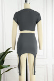 Grey Sexy Street Print Patchwork Asymmetrical O Neck Short Sleeve Two Pieces