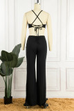 Black Sexy Casual Solid Backless Cross Straps O Neck Regular Jumpsuits