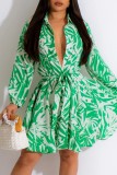Rose Red Casual Print Patchwork Turndown Collar Long Sleeve Dresses