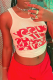 Red Sexy Print Letter U Neck Tops