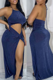 Royal Blue Sexy Solid Bandage Hollowed Out Backless Slit Halter Long Dress Dresses