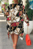 Burgundy Daily Fashion Striped Print Long Sleeve Plus Size Dresses