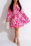 Rose Red Casual Print Patchwork Turndown Collar Long Sleeve Dresses