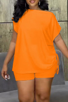Orange Casual Sportswear Solid Patchwork Draw String Oblique Collar Short Sleeve Two Pieces
