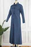 Blue Casual Solid Patchwork Buckle Turndown Collar Straight Dresses
