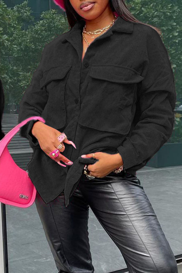 Black Casual Solid Patchwork Buckle Turndown Collar Tops