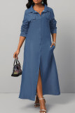 Blue Casual Solid Patchwork Buckle Turndown Collar Straight Dresses