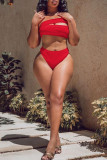 Red Sexy Solid Hollowed Out Patchwork Swimwears