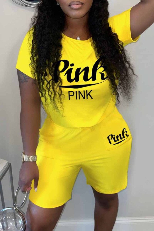 Yellow Casual Print Letter O Neck Short Sleeve Two Pieces