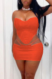 Rose Red Sexy Solid Hollowed Out Patchwork Asymmetrical Strapless Sleeveless Two Pieces